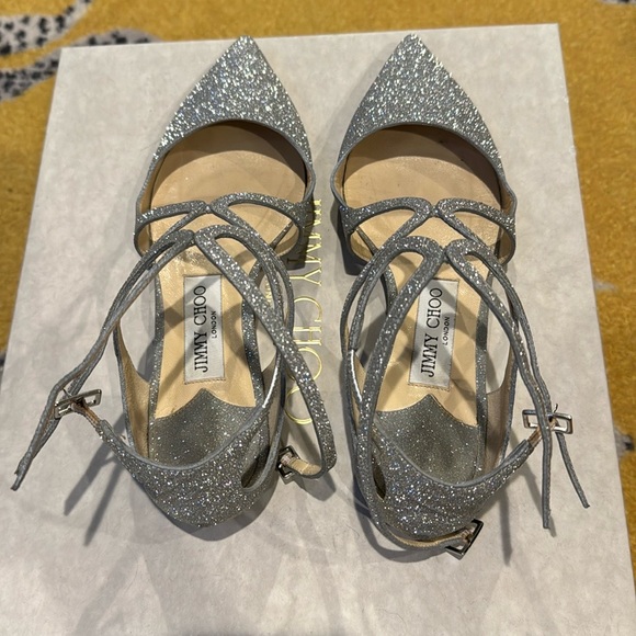 Jimmy Choo Lancer Silver Pointed Glitter Flat - Picture 1 of 5
